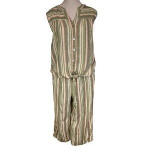 Ruby Rd Linen Blend Striped Cropped Pant Shirt Set Size Medium Petite Green